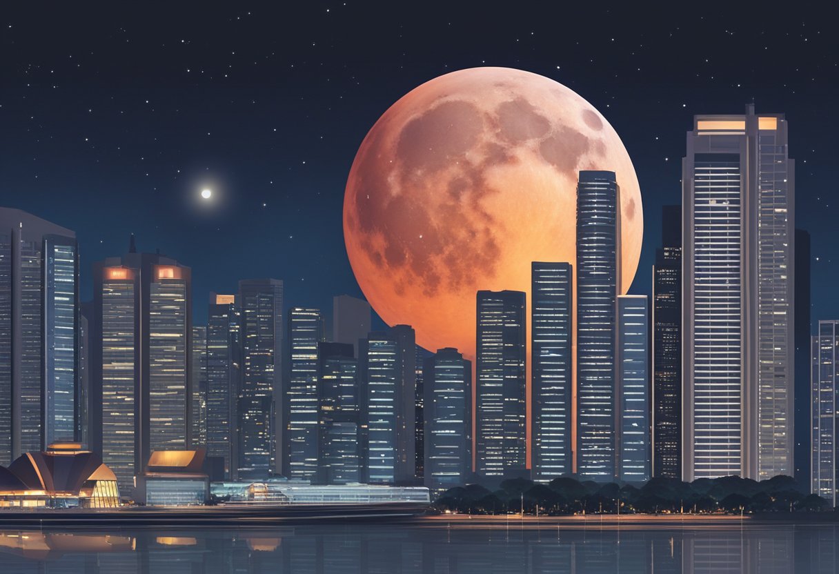 A blood moon hangs low in the night sky during a total lunar eclipse over the city of Singapore. The moon appears large and red, casting an eerie glow over the urban landscape