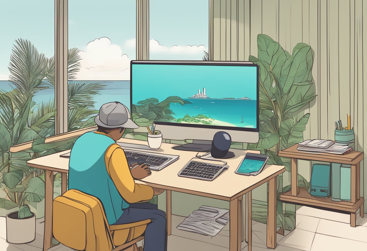 A person at a desk in Singapore, typing "Frequently Asked Questions" about traveling to the Maldives on a computer