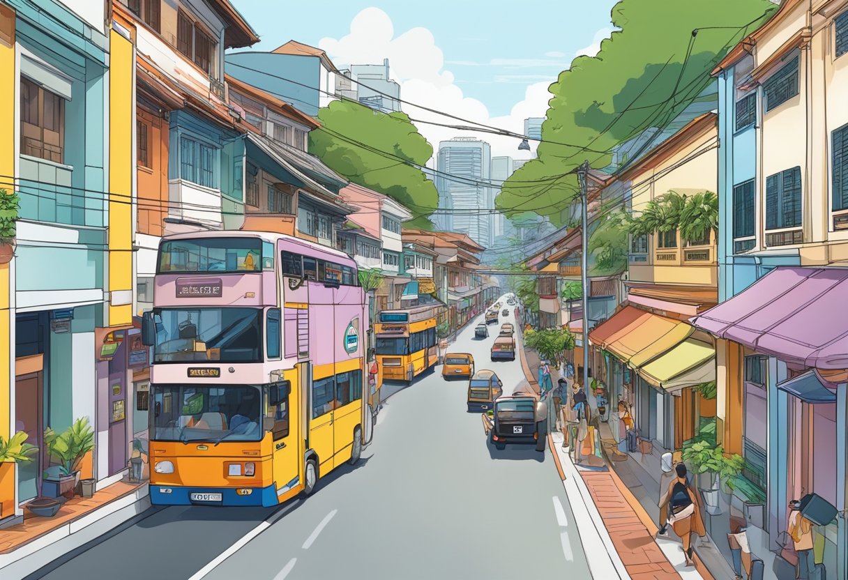 The bustling Bukit Pasoh Road in modern-day Singapore, lined with vibrant shophouses and bustling with activity