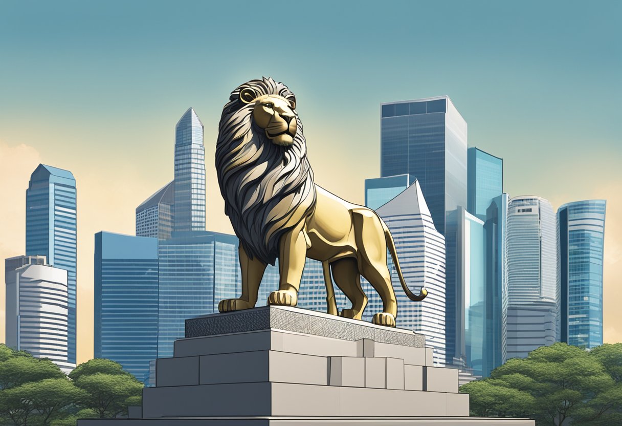 The iconic lion statue stands proudly in front of the Liberty Insurance building in Singapore, with the city skyline in the background