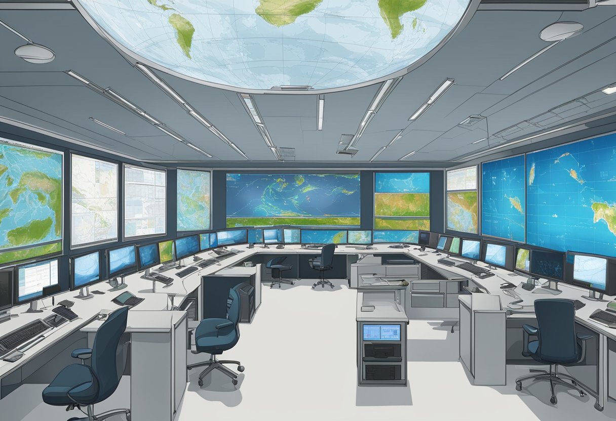 The meteorological service in Singapore monitors weather patterns and data, with satellite imagery and radar systems in a high-tech control room