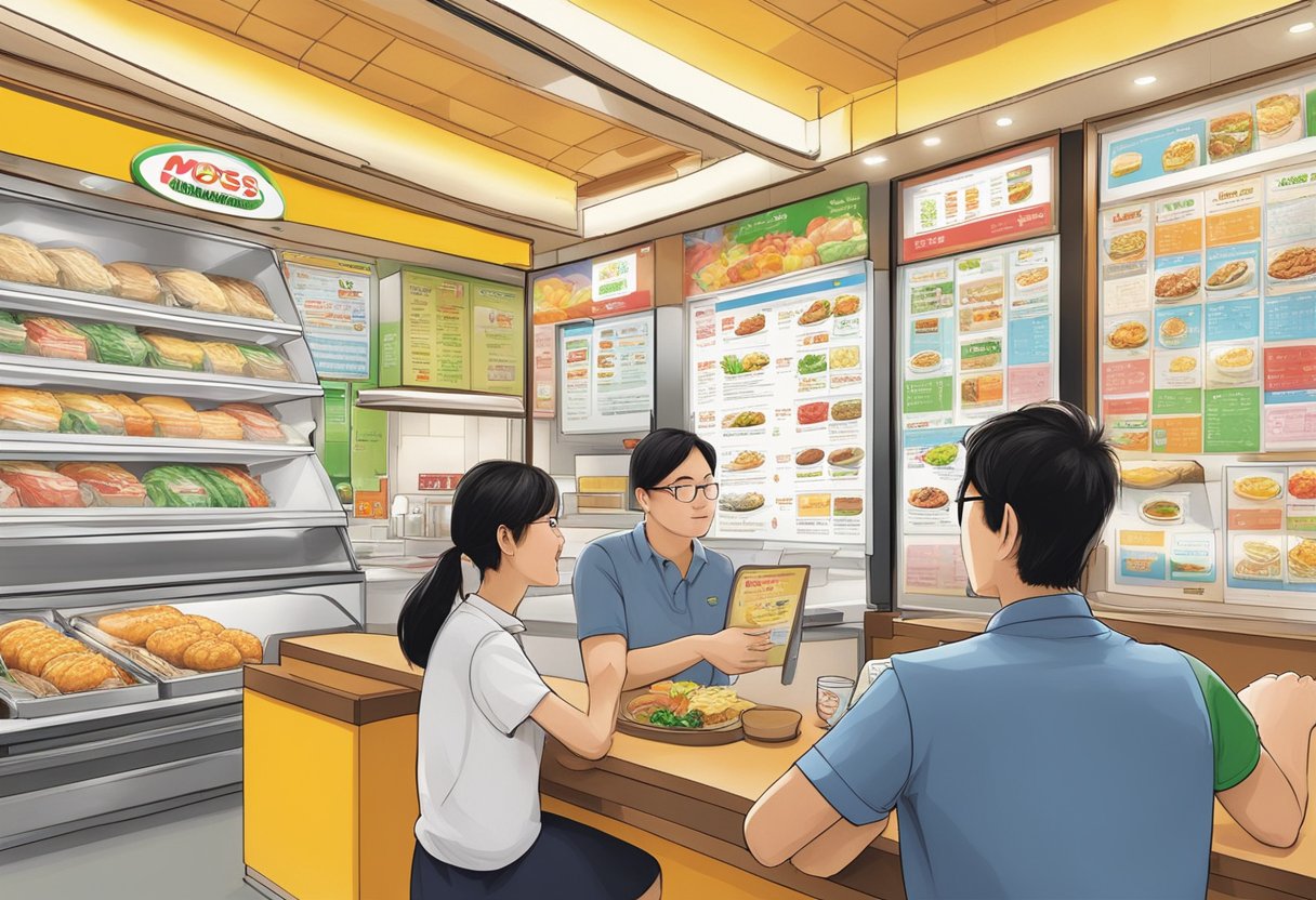 Customers peruse the colorful menu board at Mos Burger Singapore, pointing and discussing their options with the cashier