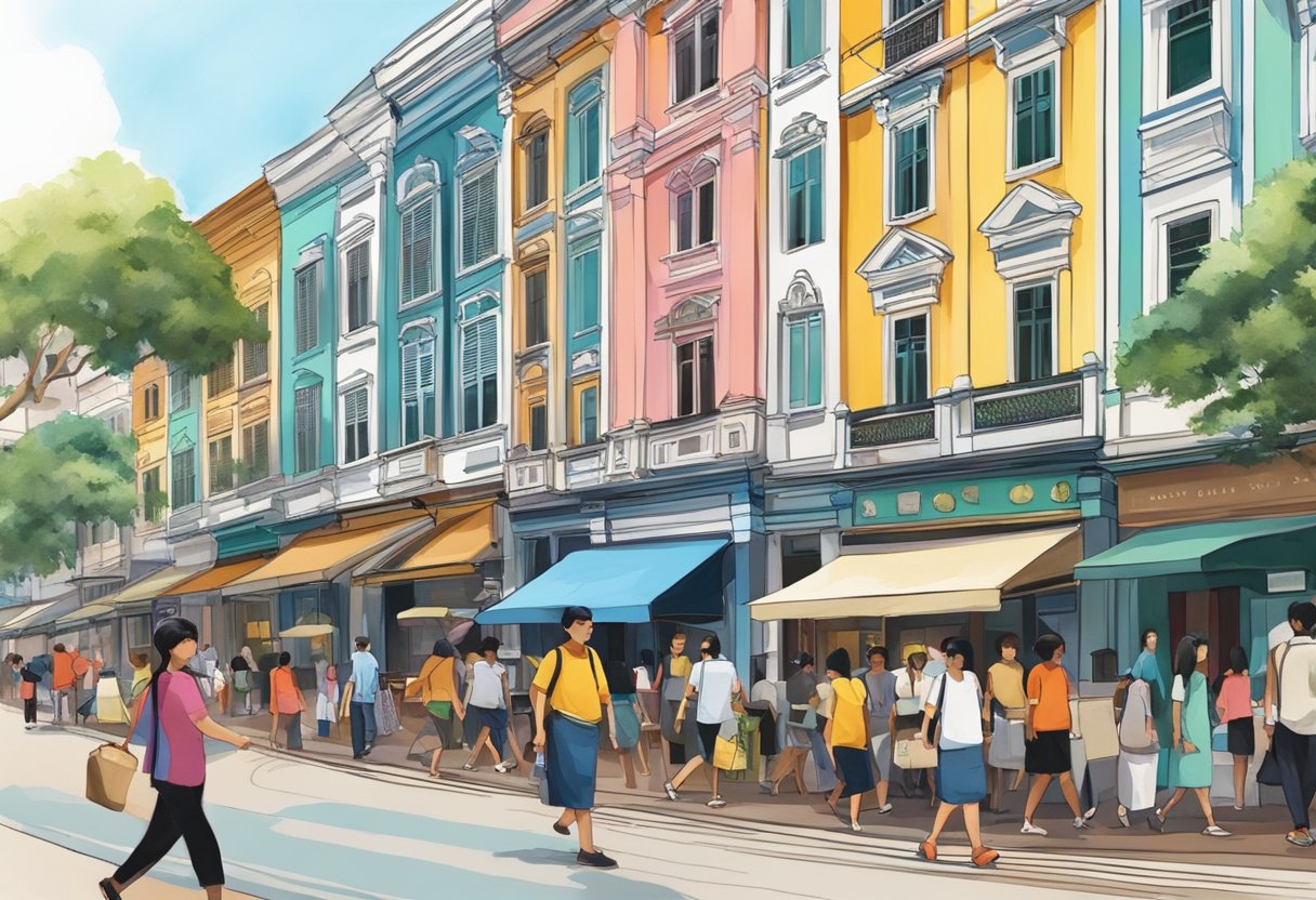 A bustling street with colorful shopfronts and busy pedestrians, set against the backdrop of historic shophouses on Bukit Pasoh Road, Singapore