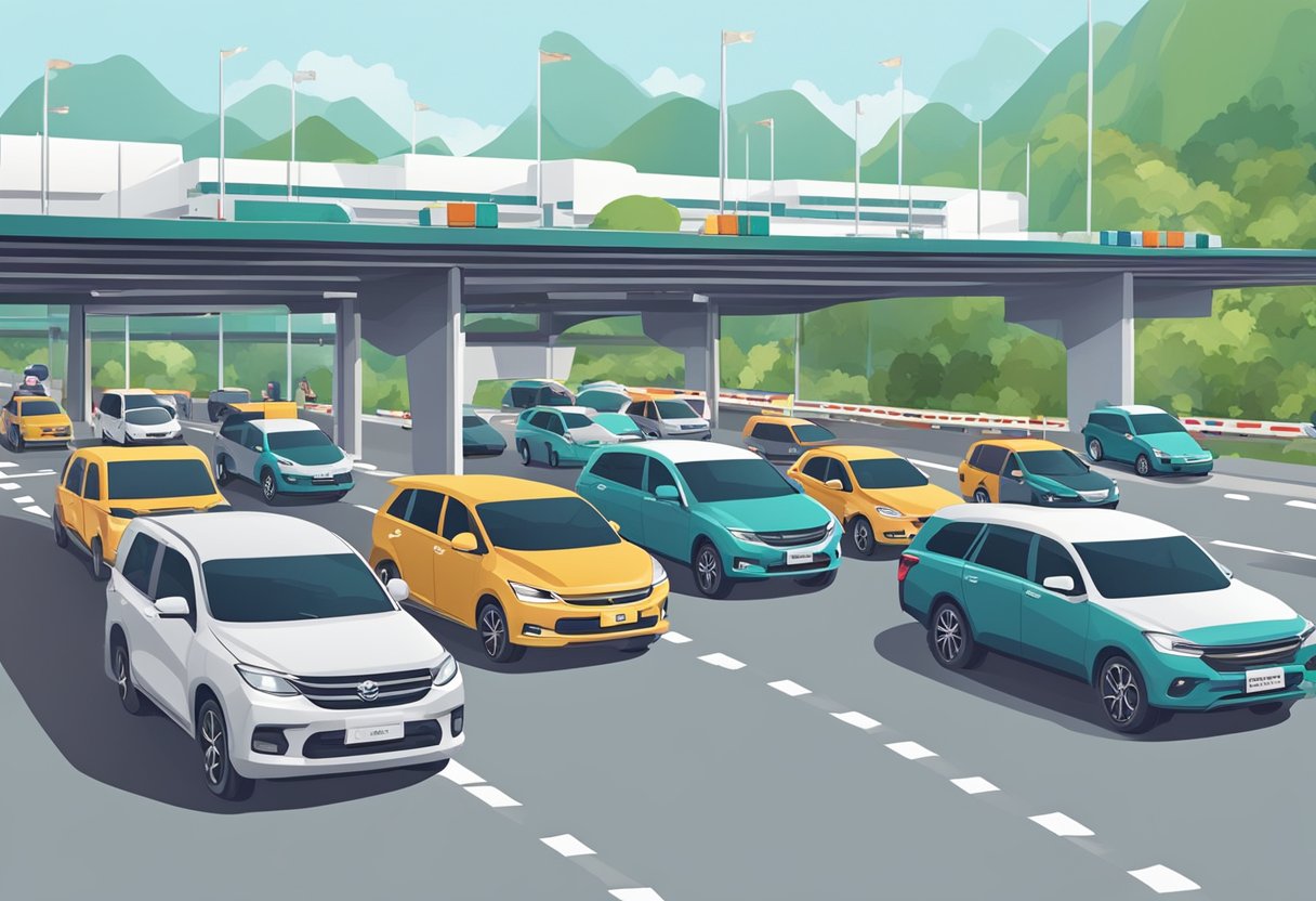 A bustling border checkpoint with vehicles waiting in line for the Malaysia-Singapore Vaccinated Travel Lane (VTL)