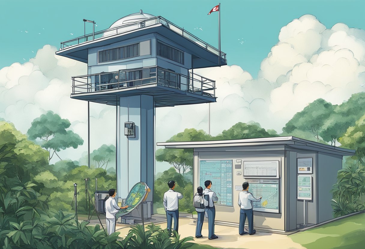 The meteorological station in Singapore shows scientists analyzing weather data and monitoring equipment for accurate forecasting