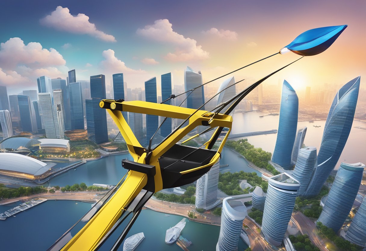 A slingshot launching a small object over the Singapore skyline