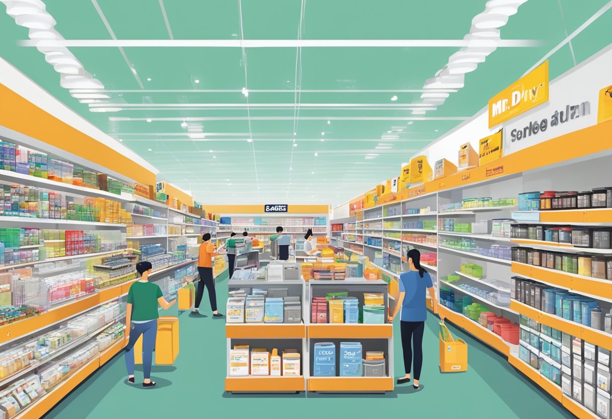 A bustling Mr DIY store in Singapore, with shelves stocked full of household items, customers browsing aisles, and staff helping at the checkout