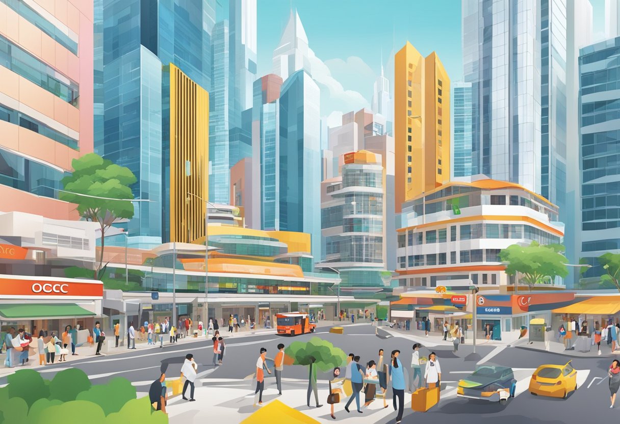 Chulia Street, OCBC Centre, Singapore: bustling with people, tall modern buildings, and vibrant street signs