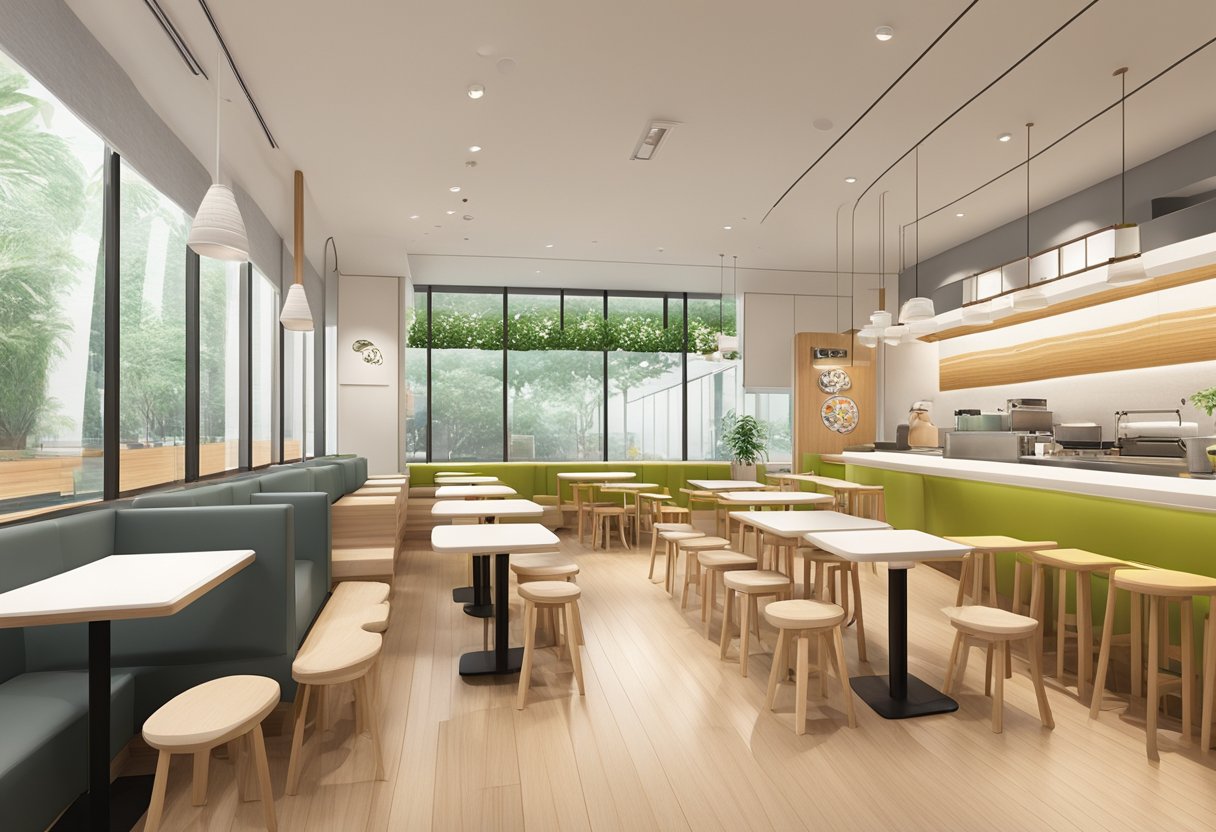 The interior of Mos Burger Singapore is bright and modern, with clean lines and a minimalist aesthetic. The space is filled with natural light, and the ambience is inviting and relaxed, with a mix of comfortable seating options
