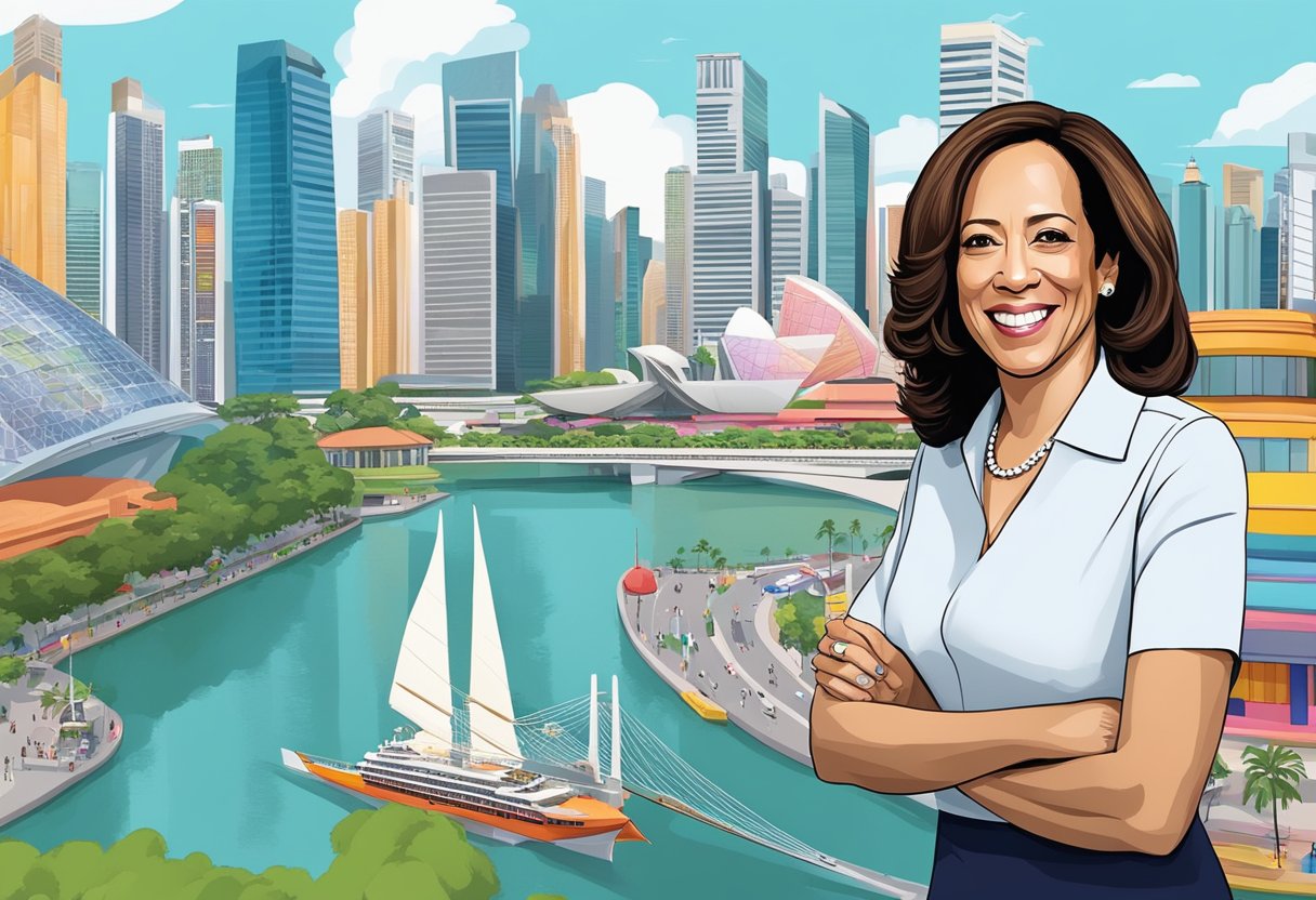 Kamala Harris in Singapore: City skyline, iconic landmarks, bustling streets, diverse culture, vibrant colors, modern architecture