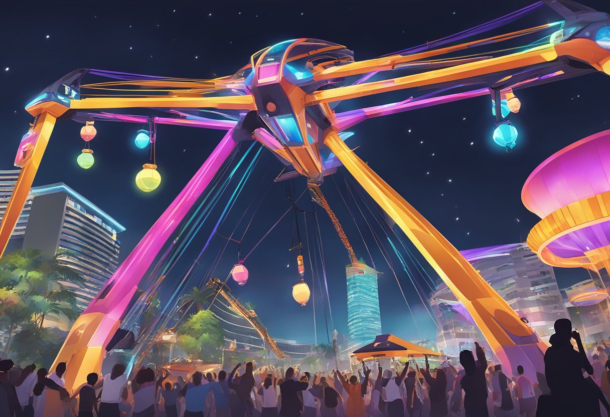 The Slingshot at Clarke Quay launches into the sky, with colorful lights illuminating the surrounding area
