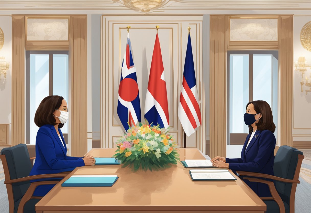 Kamala Harris engages in bilateral talks with Singaporean officials in a formal setting. Flags of both countries are prominently displayed