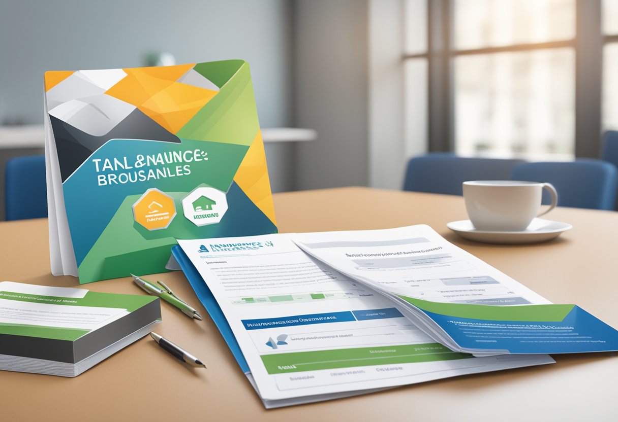 A table with various insurance products displayed, including brochures and pamphlets. A sign with the company logo is prominently featured