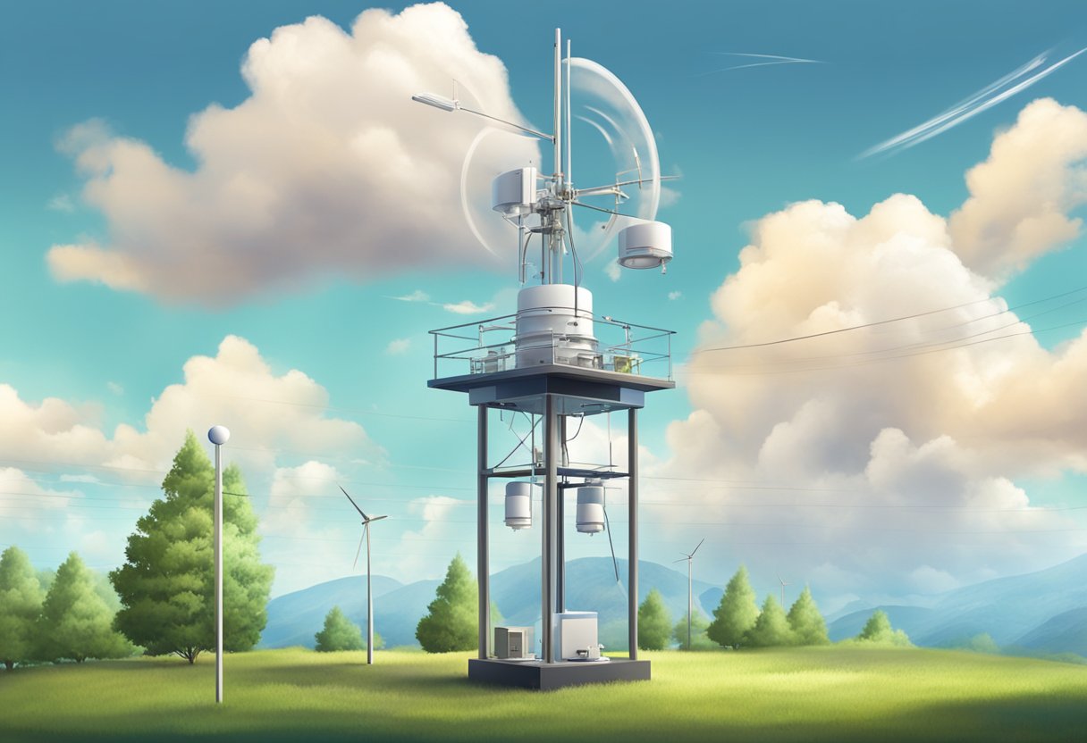 A weather station with various instruments measuring temperature, humidity, and wind speed, under a clear sky with scattered clouds