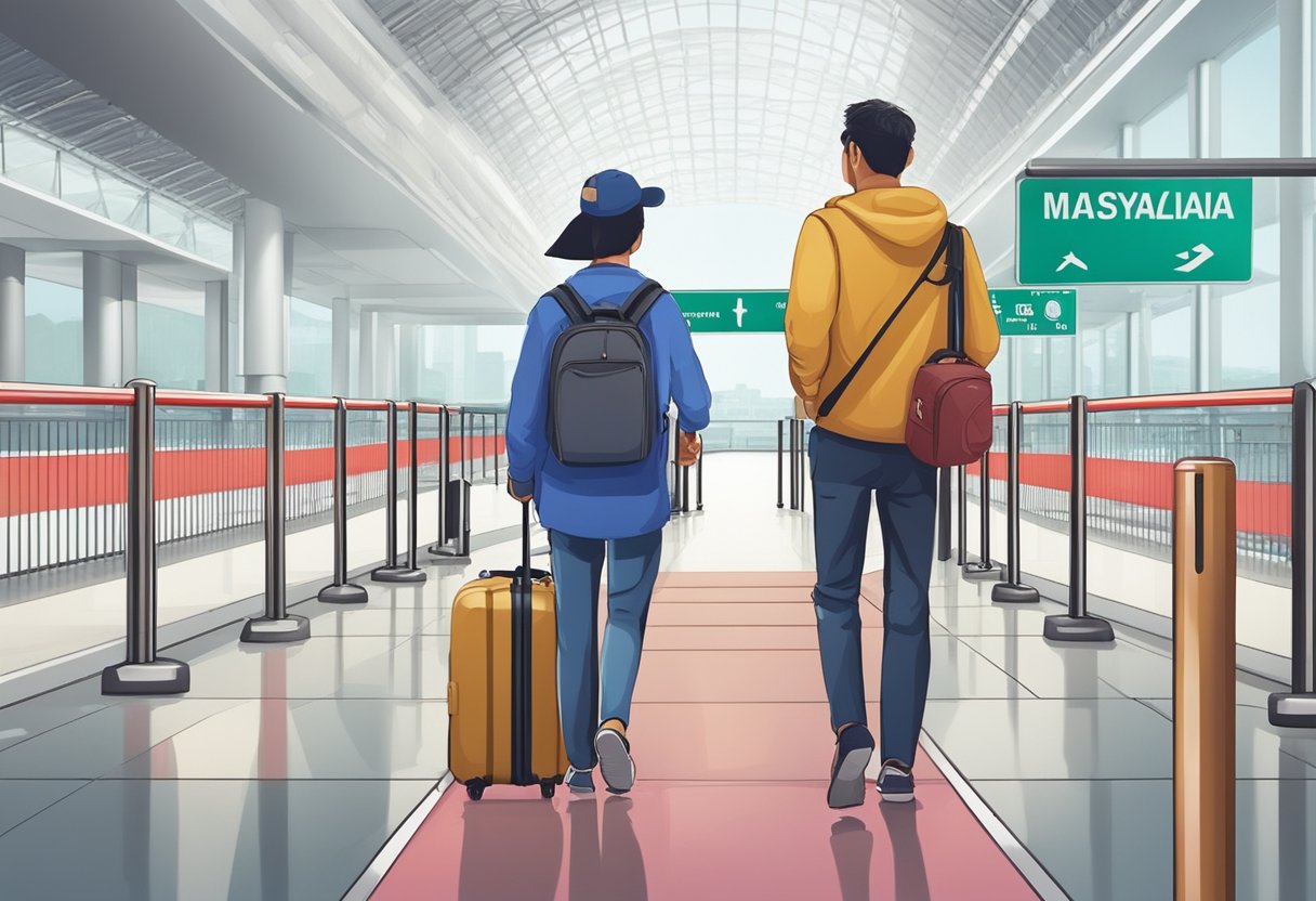 A traveler with luggage crosses the border from Malaysia to Singapore under the Vaccinated Travel Lane program, passing through immigration and customs checkpoints