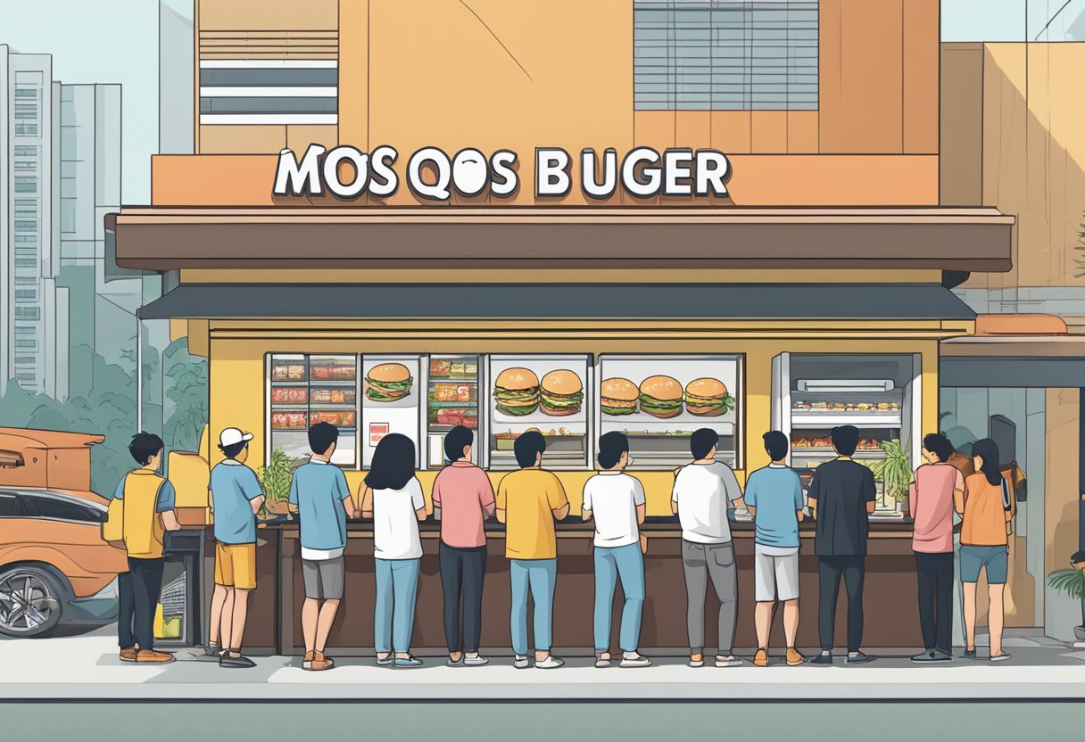 Customers lining up at a MOS Burger outlet in Singapore, with a prominent "Frequently Asked Questions" sign displayed