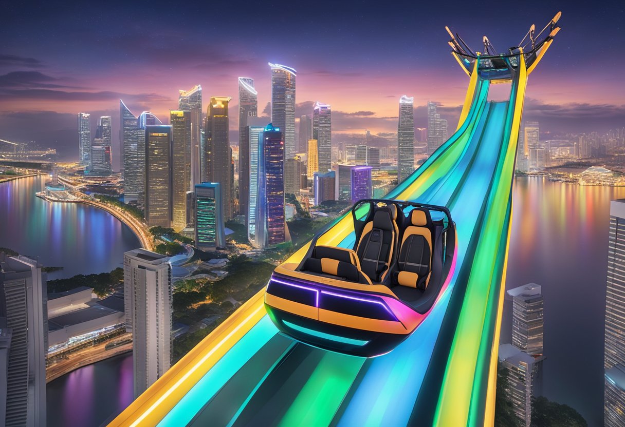 The slingshot ride at Beyond the Ride in Singapore launches upward, with colorful lights and a backdrop of the city skyline at night