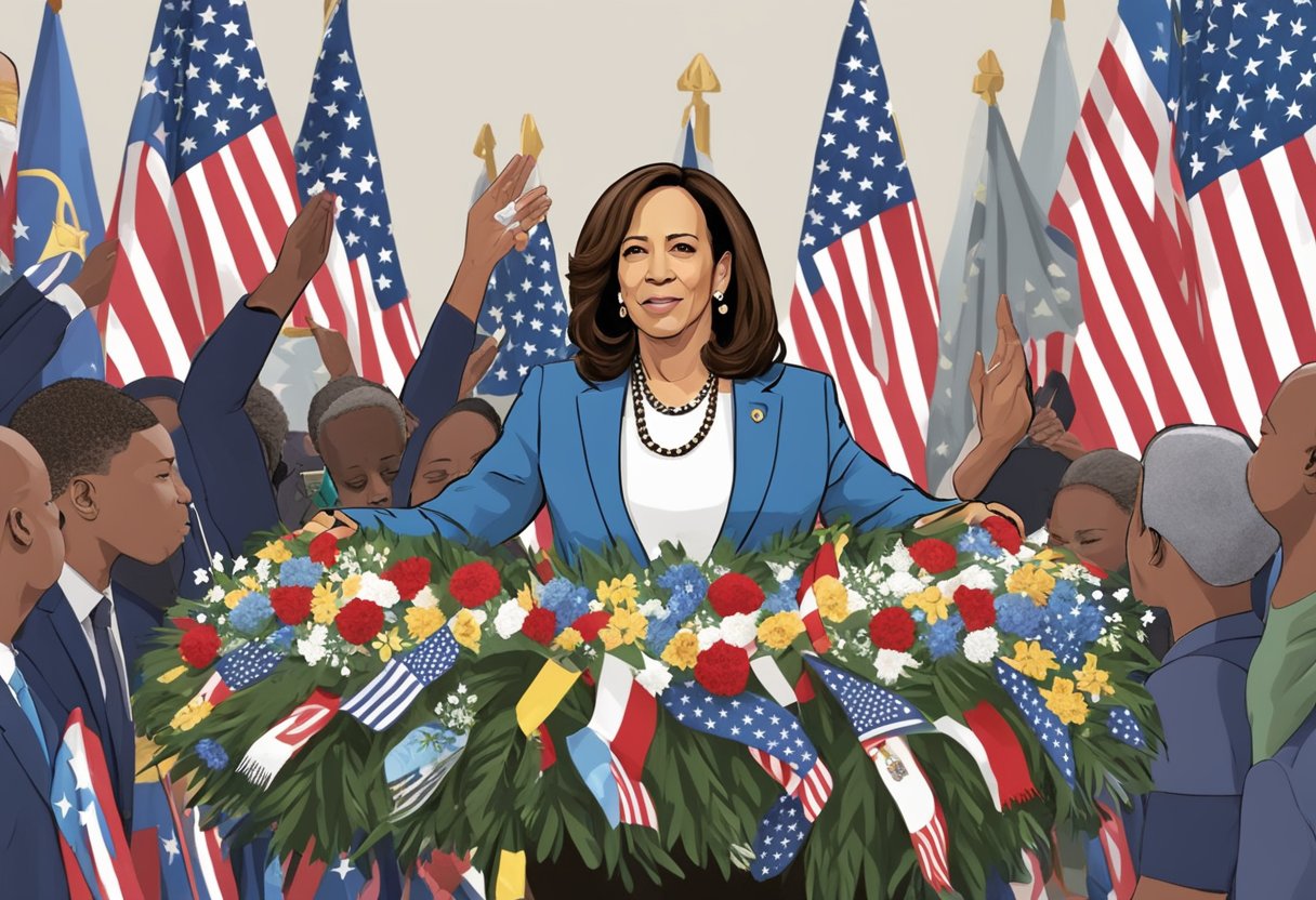 Kamala Harris places a wreath at a memorial, surrounded by flags and symbolic gestures of peace