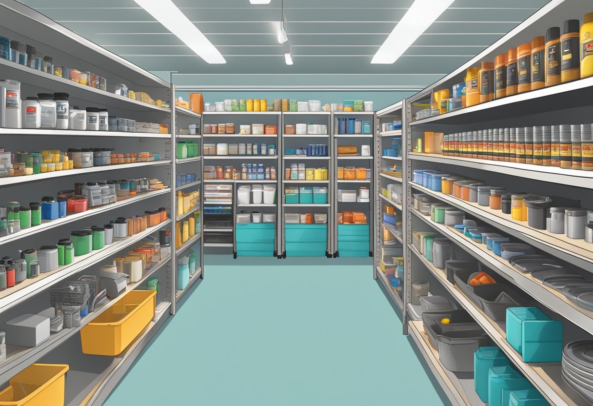 A well-lit, organized Mr D.I.Y store with rows of neatly stocked shelves filled with various home improvement products and tools