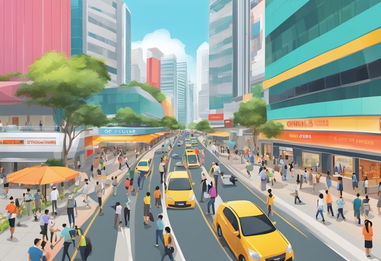 The bustling Chulia Street outside the OCBC Centre in Singapore, with colorful signage and busy pedestrian traffic