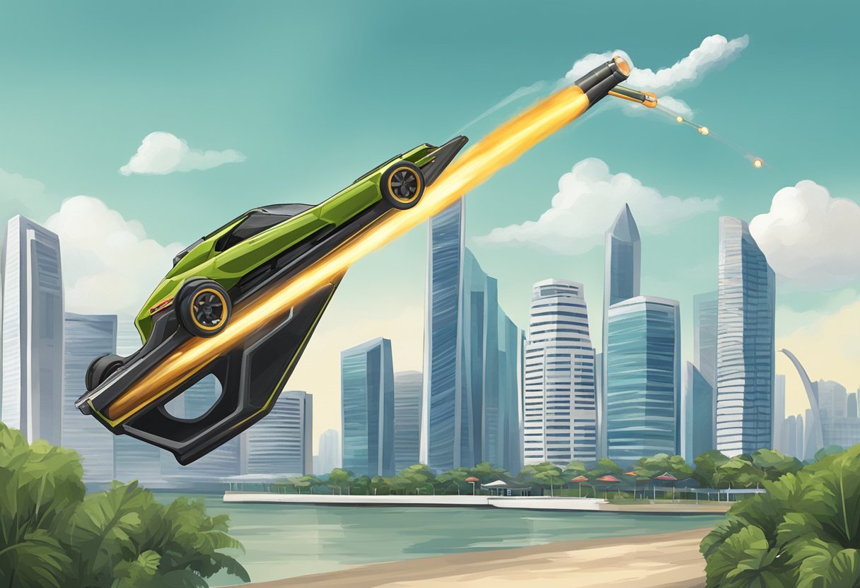 A slingshot launching a projectile towards a target in Singapore