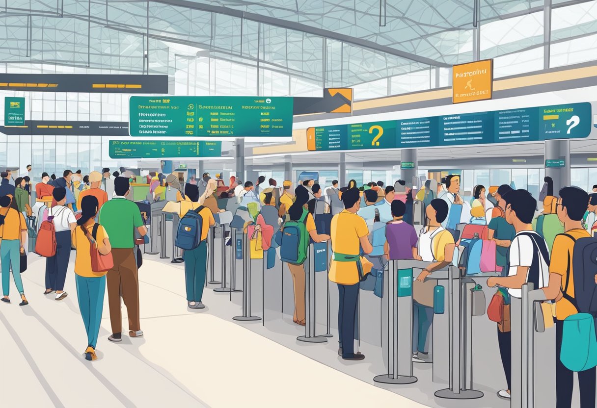 A bustling airport terminal with travelers lining up at information desks and signs displaying "Frequently Asked Questions Malaysia Singapore VTL."
