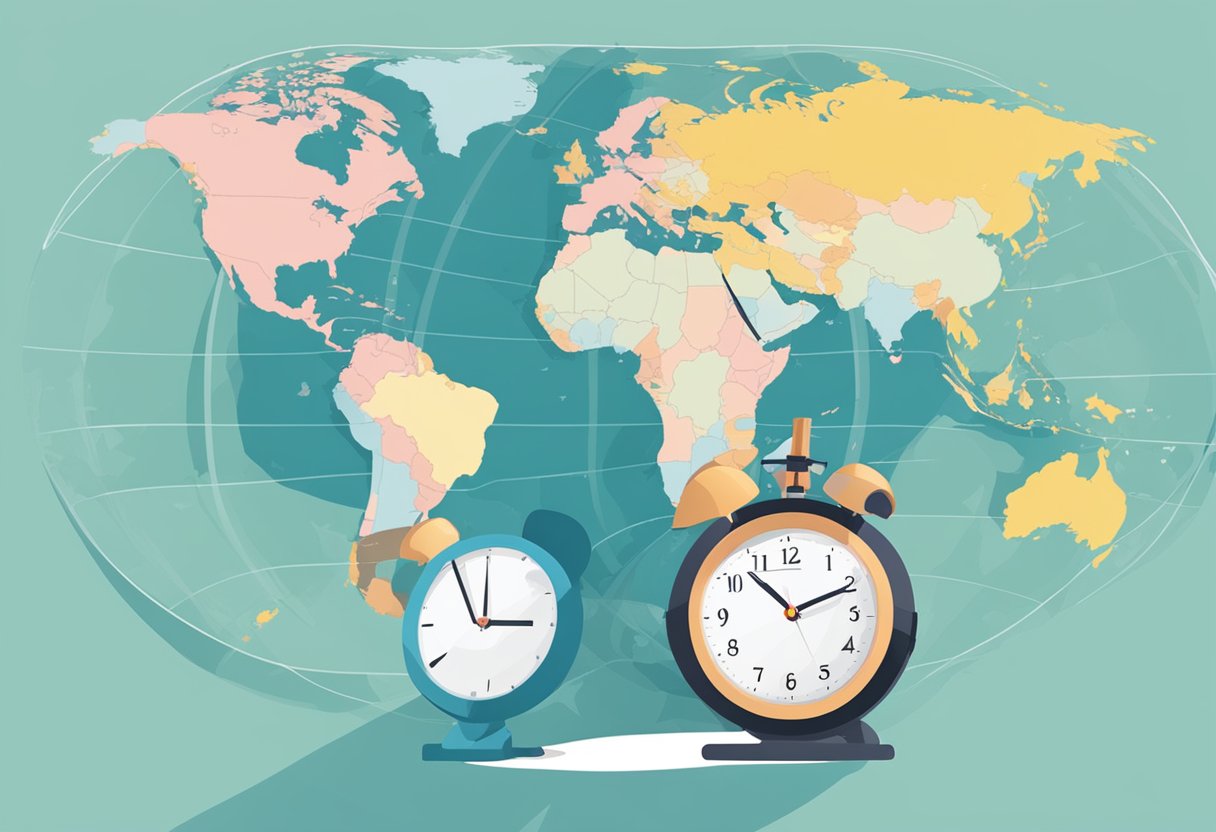 A clock showing 2 PM in Korea and another showing 1 PM in Singapore, with a world map in the background