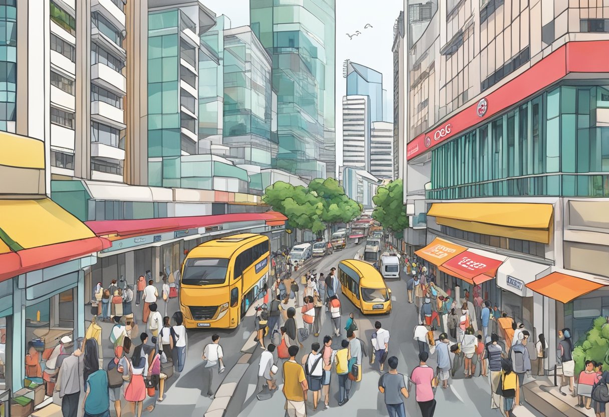 The bustling Chulia Street in Singapore, with the iconic OCBC Centre in the background, as people gather to ask their frequently asked questions