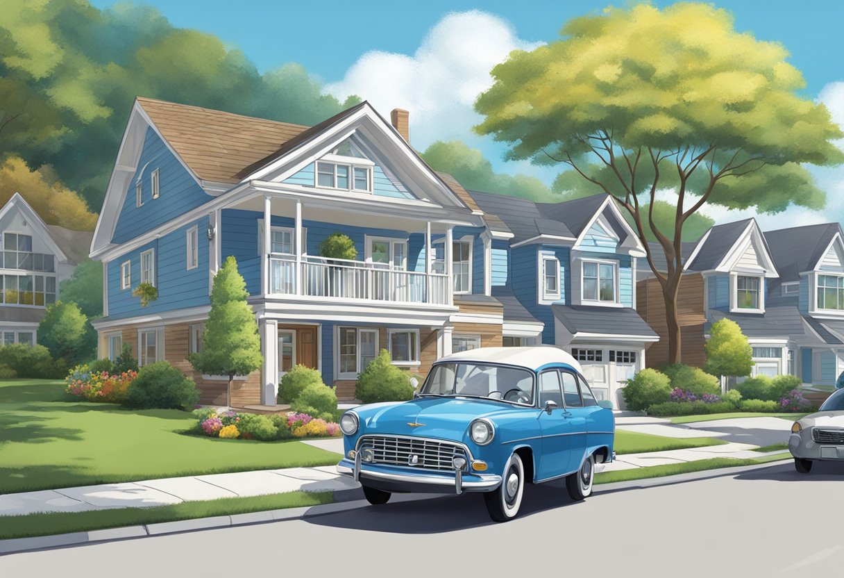 A bright, sunny day with a clear blue sky. A family car with the Liberty Insurance logo on the side, driving through a peaceful suburban neighborhood