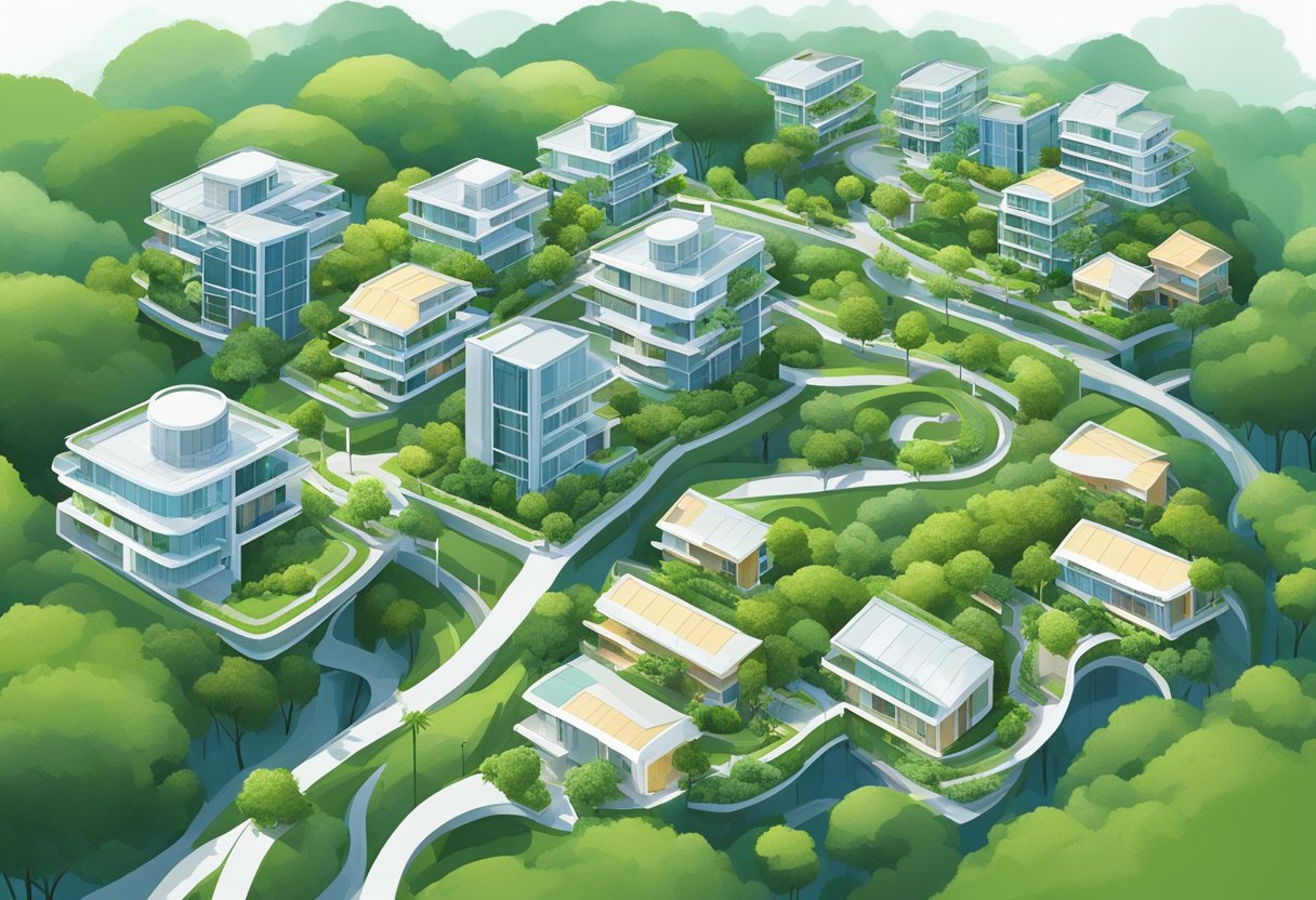 A cluster of modern houses in Singapore, surrounded by lush greenery and connected by winding pathways