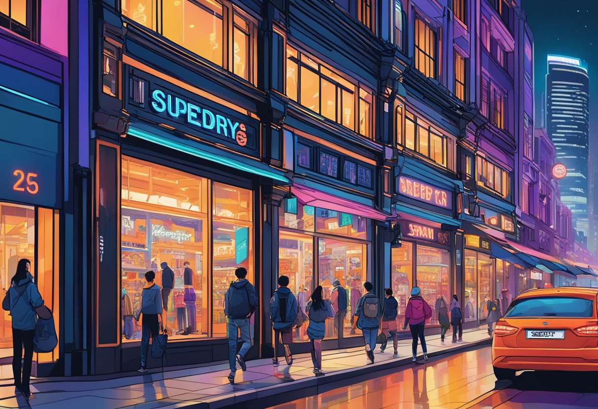 Vibrant cityscape of Superdry store in Singapore with bright neon lights and bustling street activity