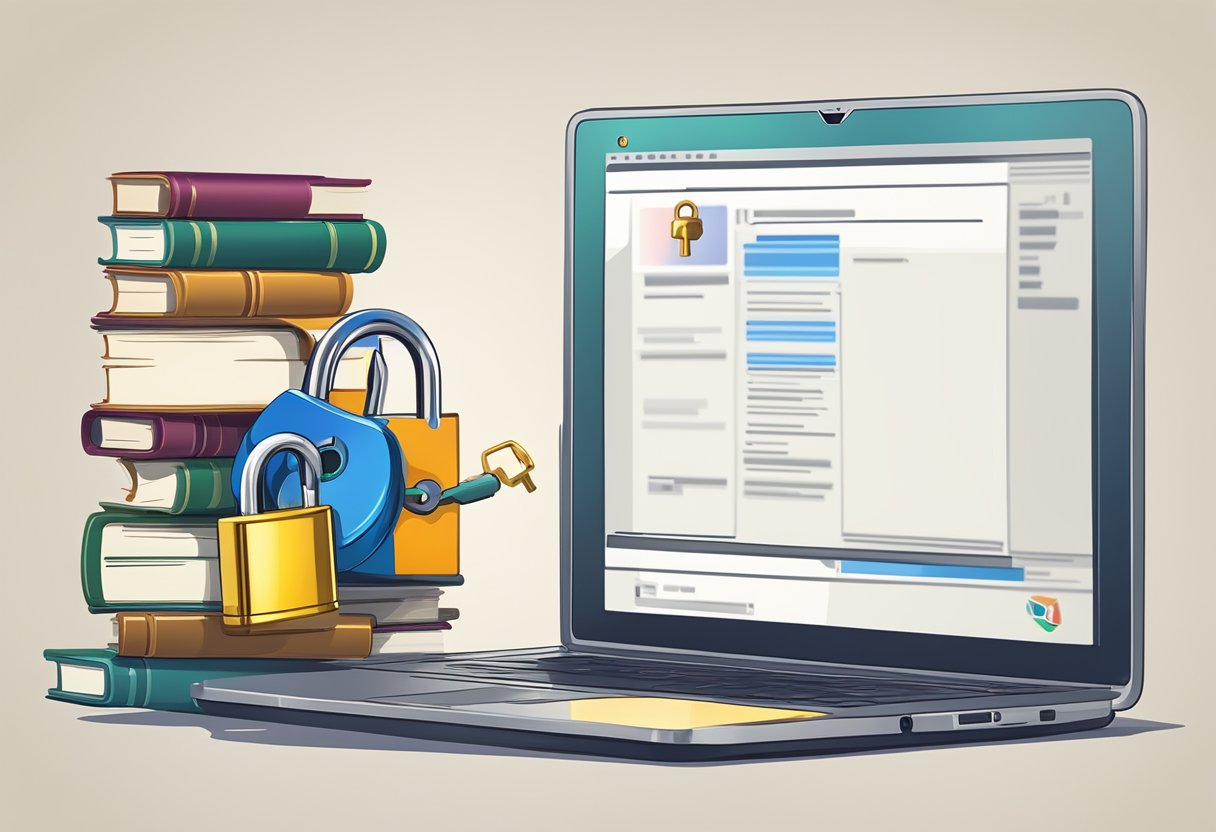 A computer screen displaying hurtful messages, while a padlock symbolizes privacy. A gavel and law books symbolize the need for legal protection against cyber bullying