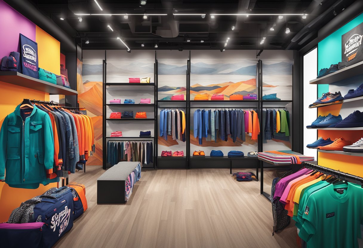 A vibrant display of Superdry's apparel collection in a modern Singapore store. Bright colors, sleek designs, and trendy styles fill the space