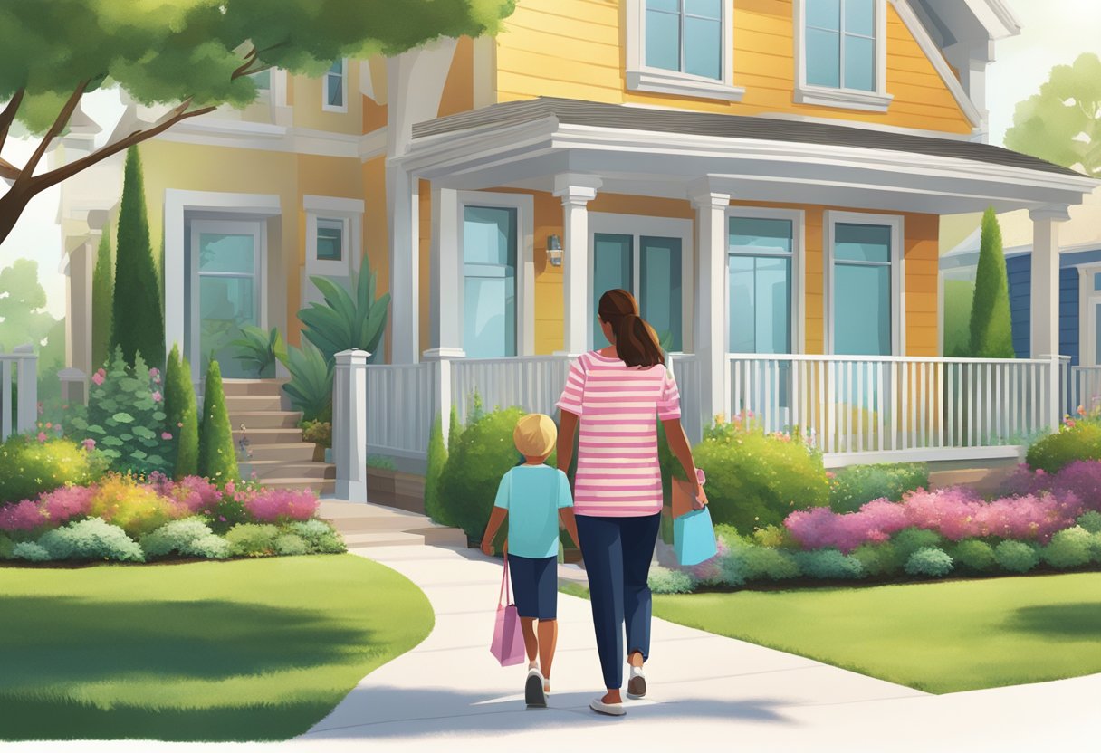A family walks through a row of modern cluster houses, browsing a buying guide brochure in a lush, landscaped neighborhood setting