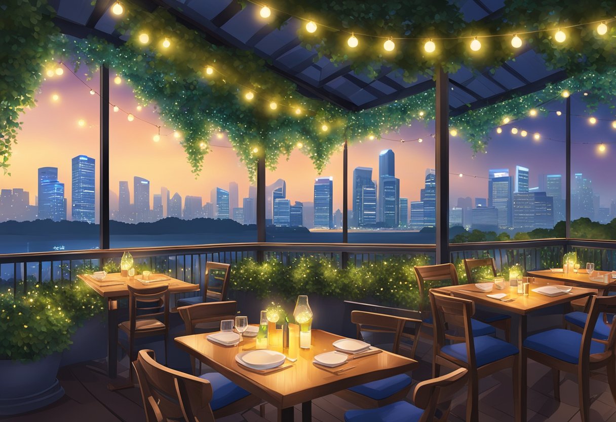 A cozy outdoor restaurant in Singapore with twinkling fairy lights and lush greenery, overlooking a vibrant city skyline