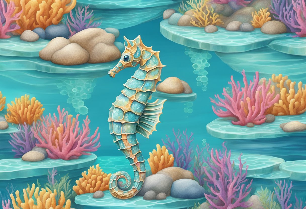 A seahorse-shaped mattress floats in a serene, aquamarine sea, surrounded by colorful coral and gentle waves