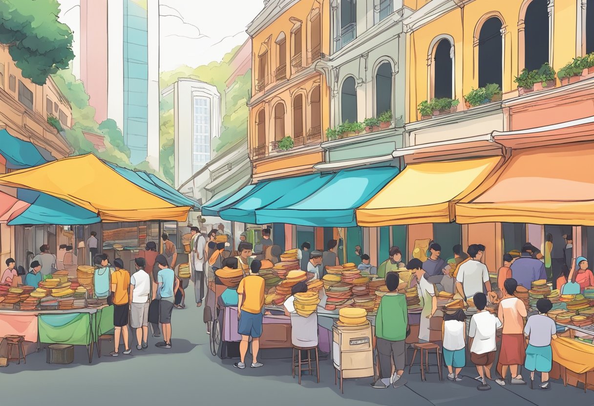 A bustling Singapore street lined with colorful crepe stalls, with vendors skillfully flipping and filling crepes as customers eagerly wait in line