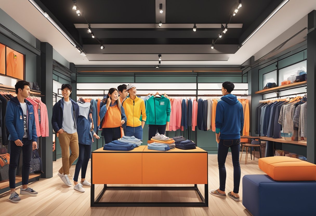 Customers browsing Superdry Singapore, trying on clothes, admiring the vibrant store decor, and interacting with friendly staff