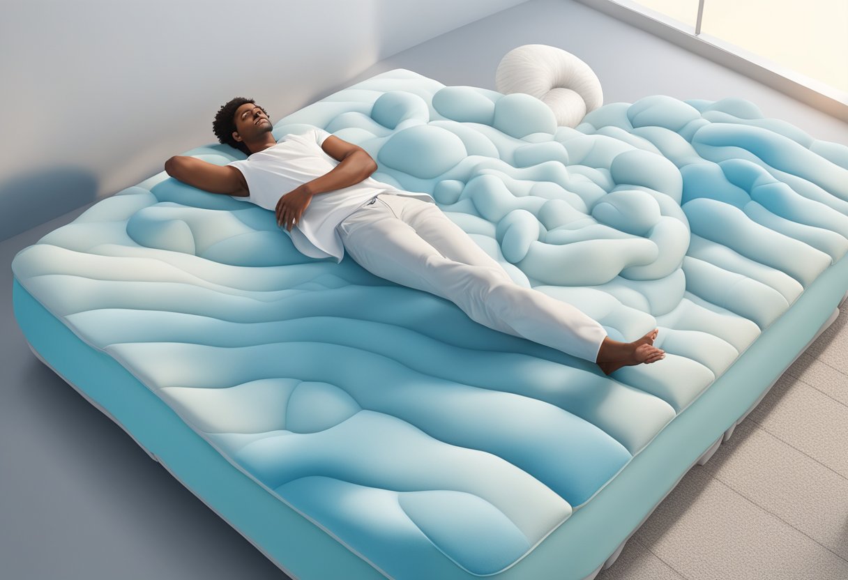 A person lies comfortably on a Seahorse mattress, surrounded by supportive foam layers and a cooling gel-infused memory foam top layer