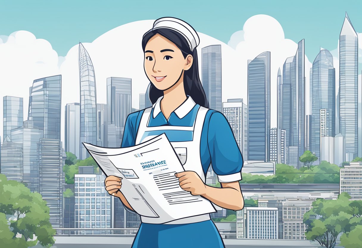 A maid in a blue uniform holds a document labeled "maid insurance Singapore" while standing in front of a modern city skyline
