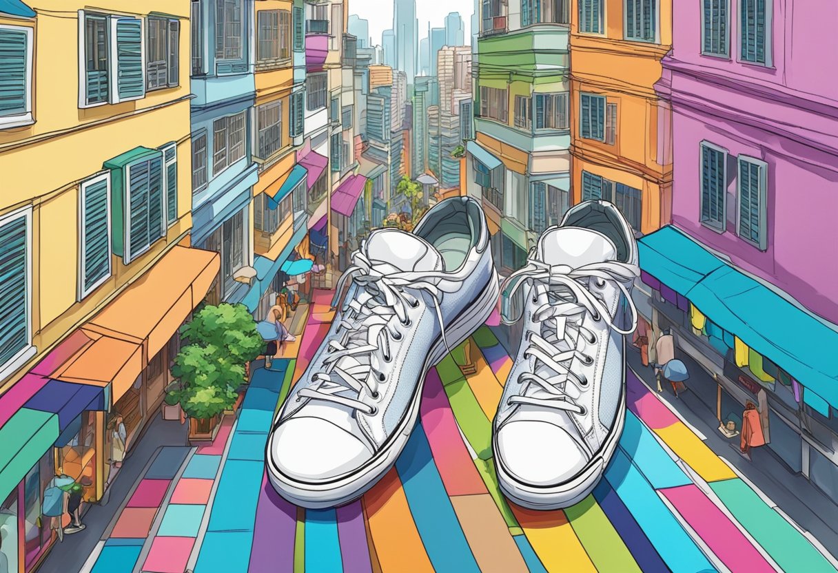 A pair of colorful sneakers sits on a vibrant street in Singapore, surrounded by bustling activity and modern architecture