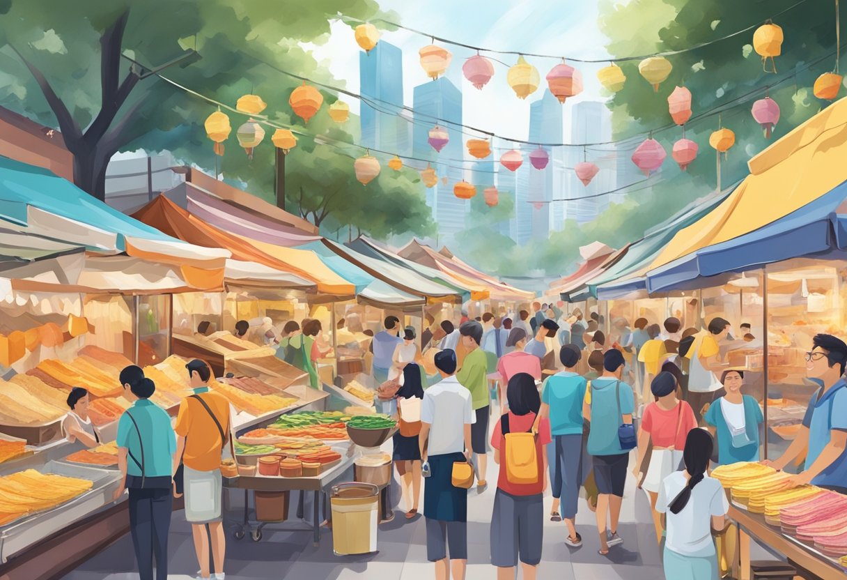 A bustling Singapore street market filled with colorful crepe stalls, each offering a variety of sweet and savory fillings. The aroma of freshly cooked crepes fills the air as locals and tourists alike explore the delicious options