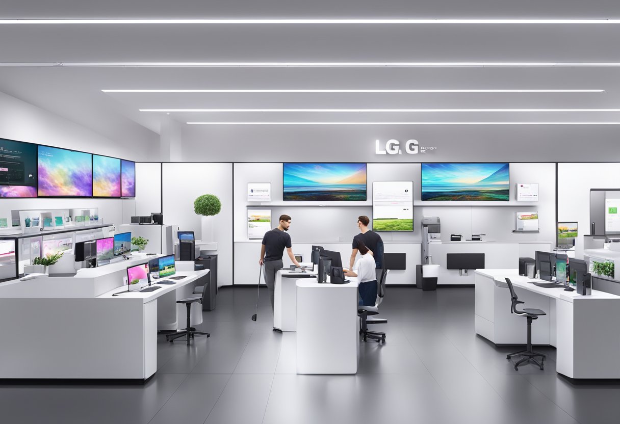 A brightly lit LG service center with a reception desk, display of LG products, and a service area with technicians working on LG devices