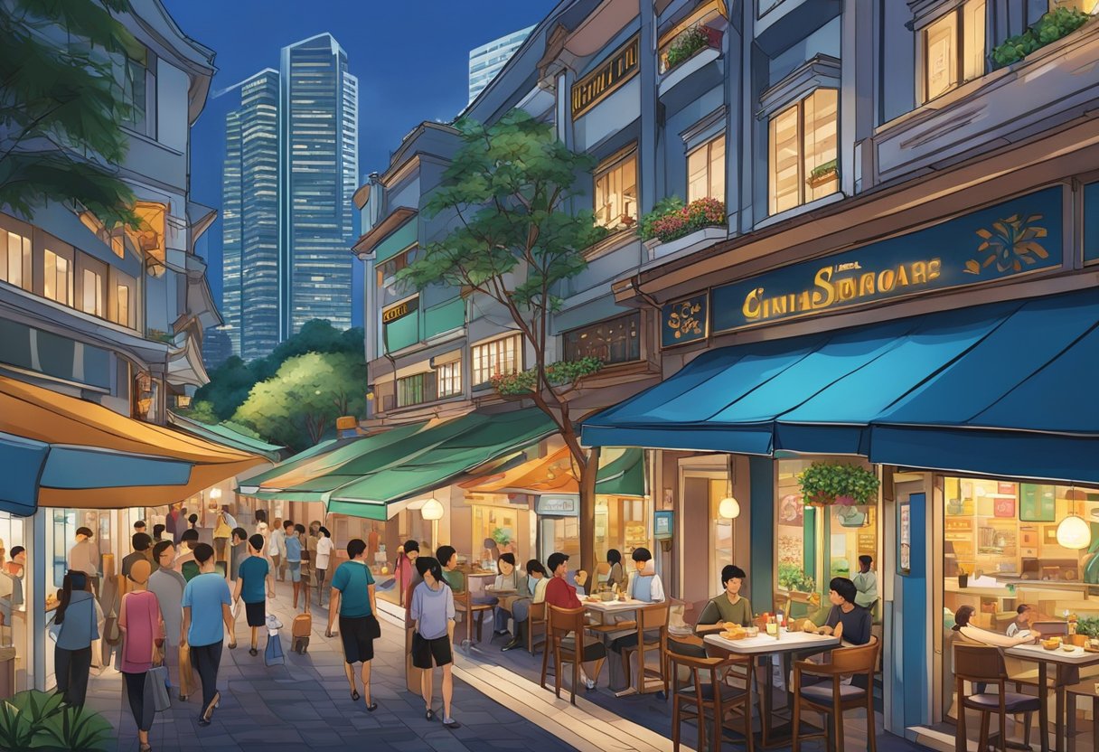 The bustling streets of Singapore's popular dining districts, filled with colorful and vibrant restaurants, offer a perfect setting for a lively dinner scene