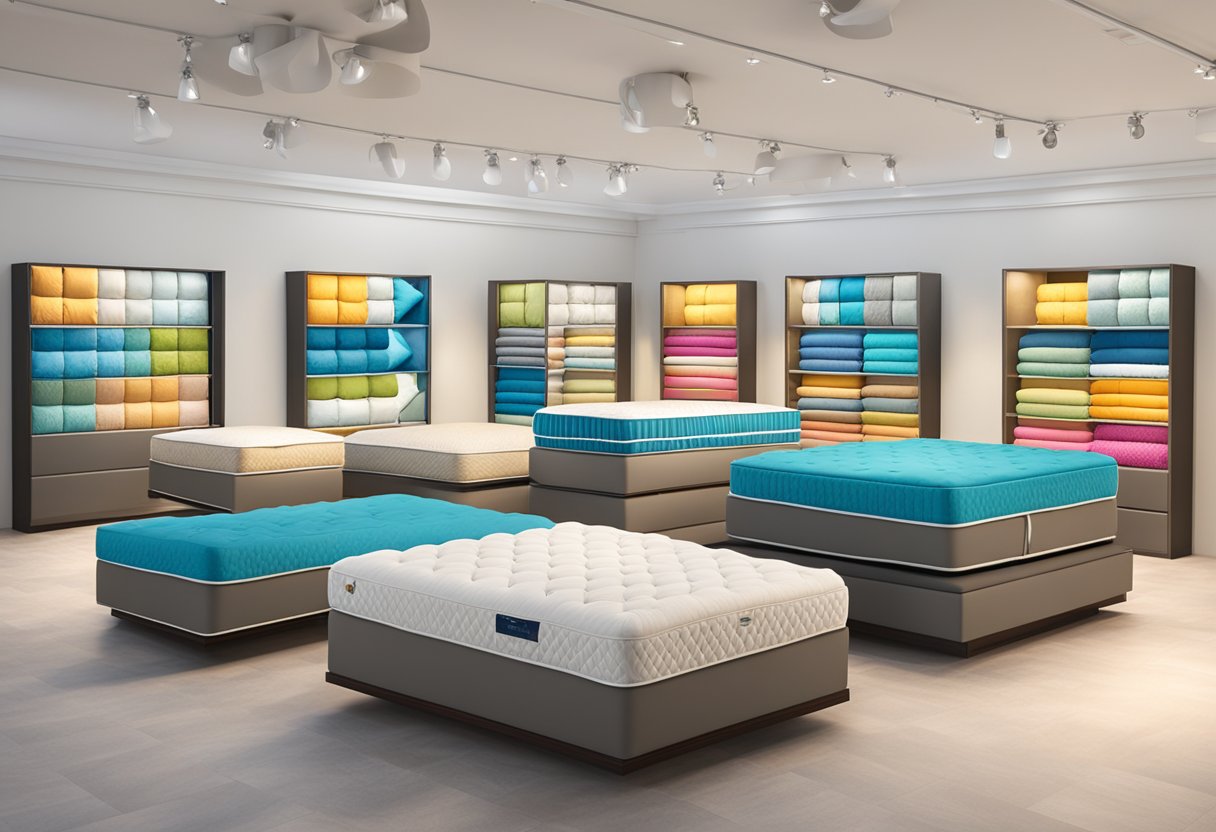 A display of Sea Horse mattresses in a well-lit showroom, with various sizes and styles available