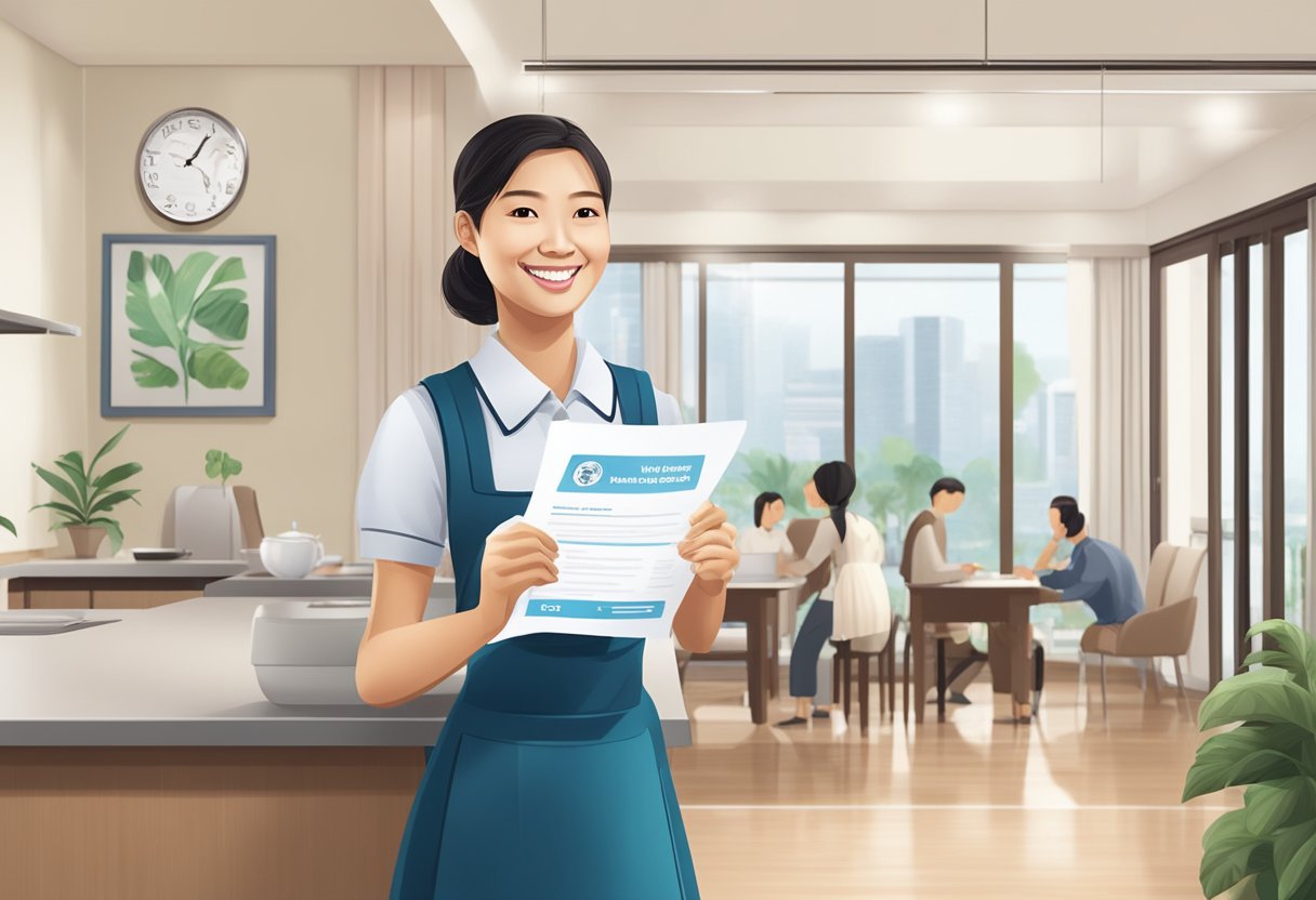 A maid in a Singaporean home, holding a maid insurance policy document, with a smiling employer in the background