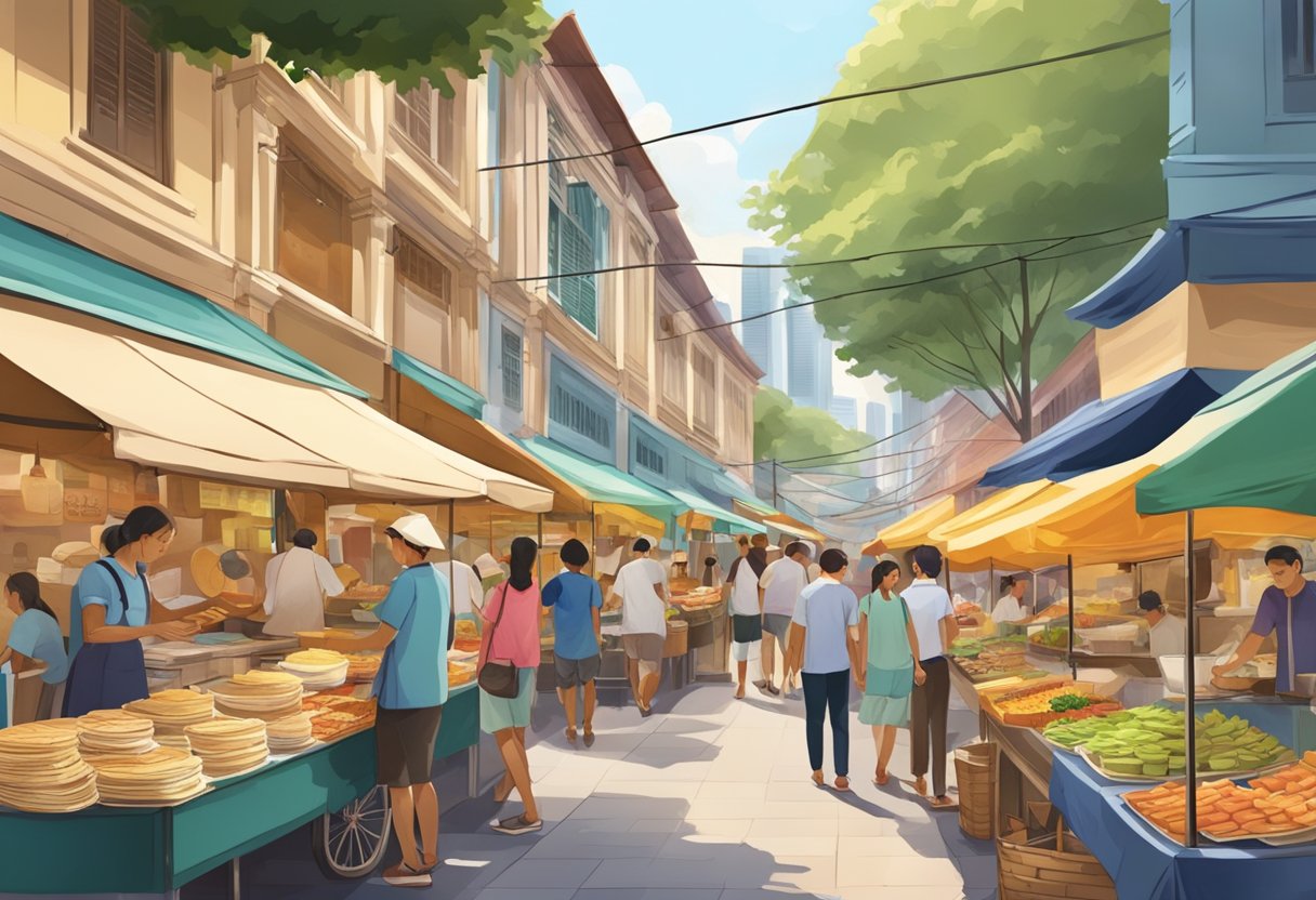 A bustling street market with colorful food stalls, showcasing a variety of sweet and savory crepes in Singapore