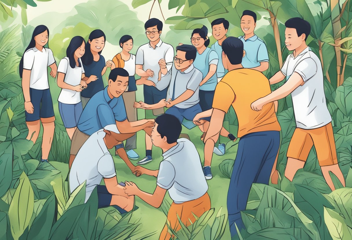 A group of people in Singapore engage in team building activities, such as problem-solving challenges and trust exercises, in a lush outdoor setting