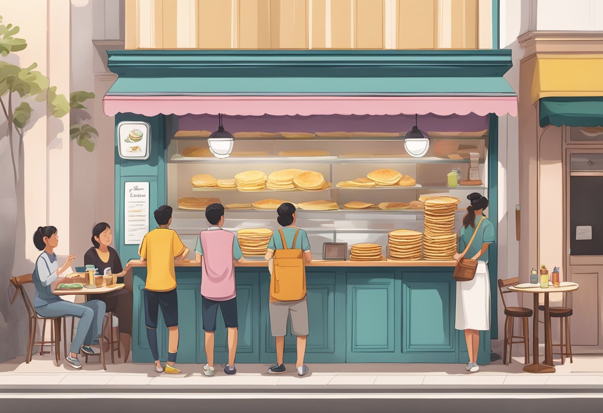 A table with a stack of crepes, a menu board, and customers in line at a crepe shop in Singapore