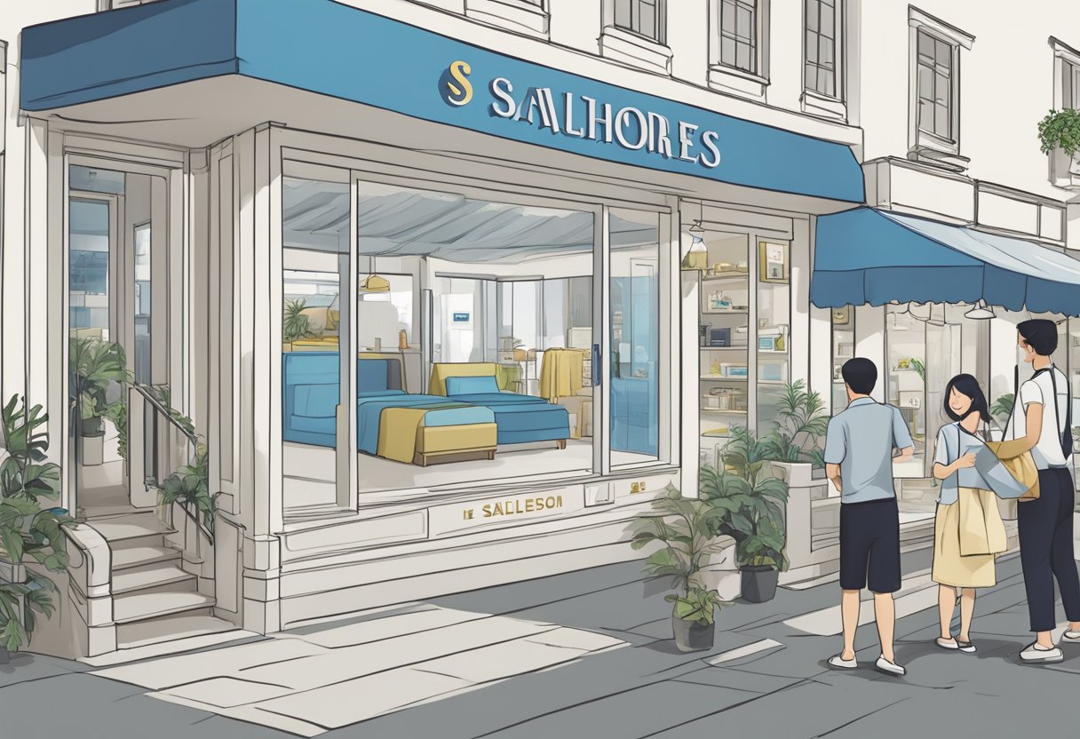 A seahorse mattress store in Singapore with a sign, customers browsing, and a salesperson assisting
